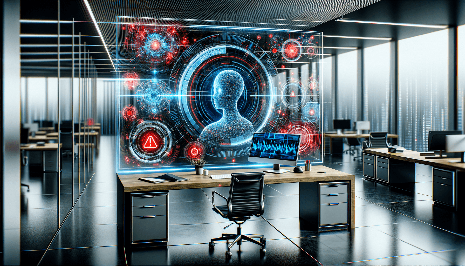 AI holographic display showing glitched data on a modern office desktop, representing AI hallucinations in business