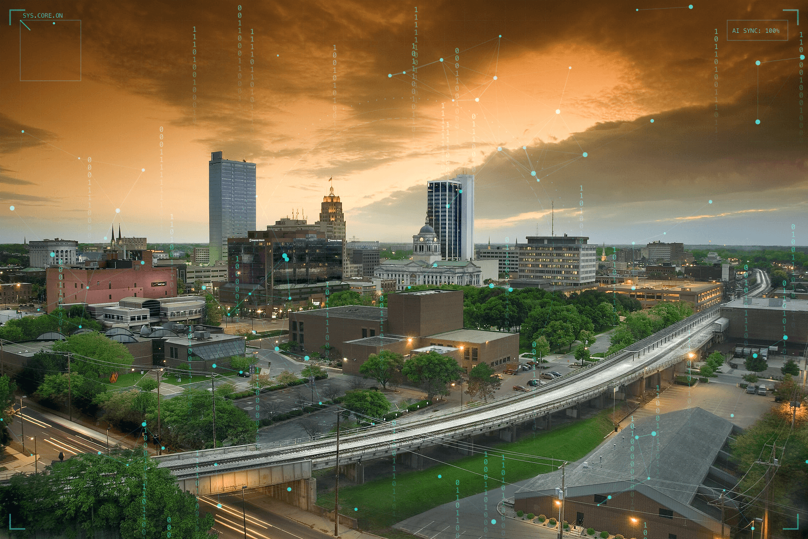 Fort Wayne skyline with AI technology overlay representing AI development in Northeast Indiana